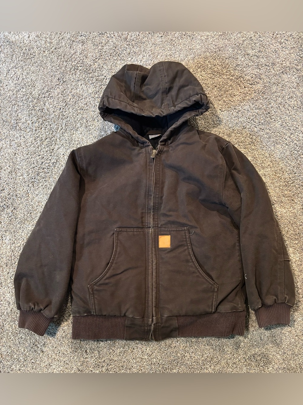 Vintage Brown Carhartt work jacket with unique patchwork detail Kids Size Medium